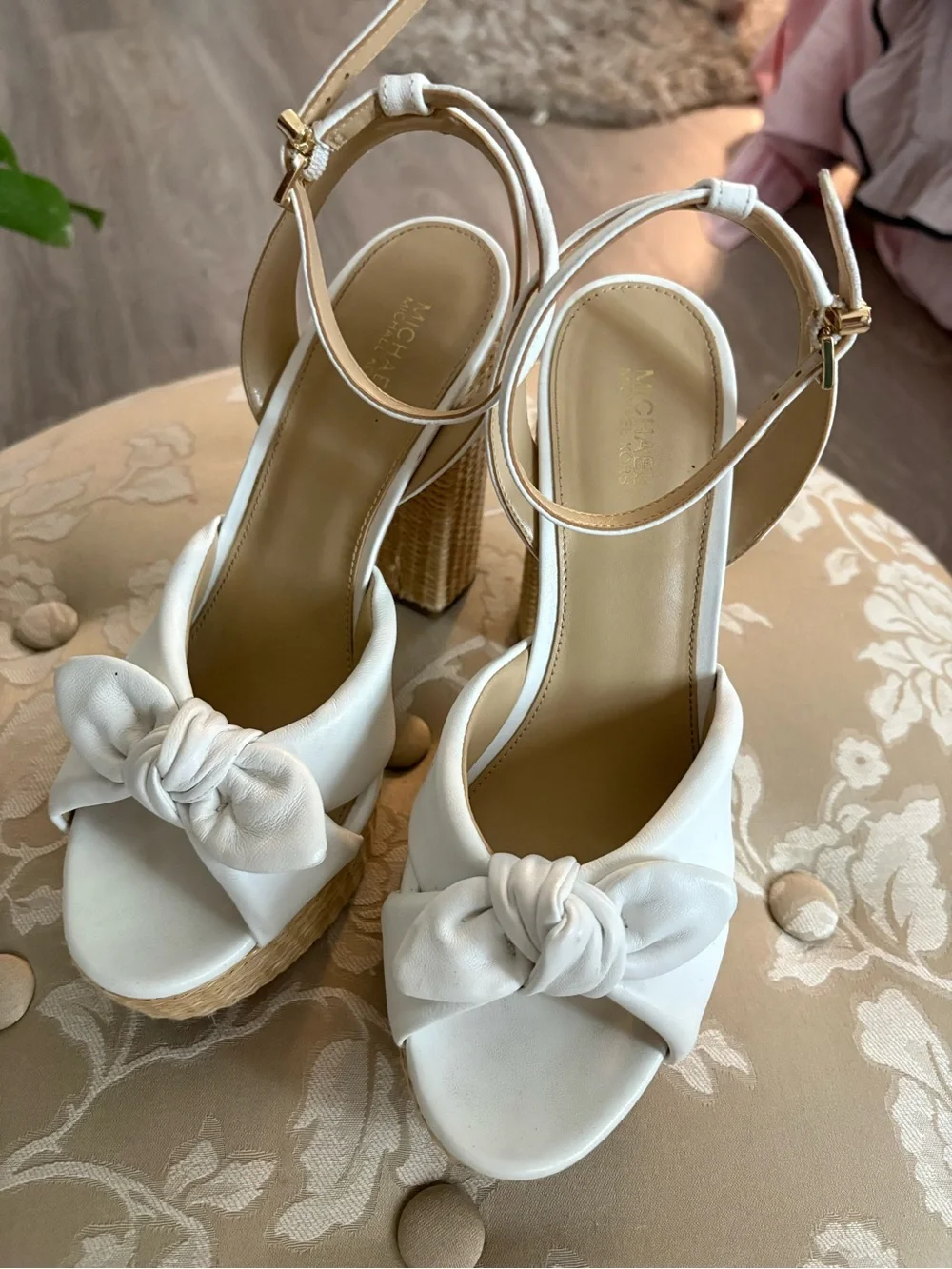 Michael Kors White Knotted Platform Sandals with Woven Block Heel